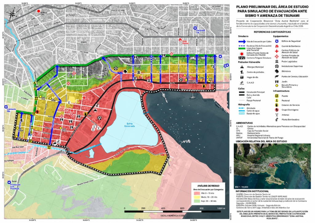 Plano preliminar del área de estudio para simulacro de evacuación ante sismo y amenaza de tsunami en Ushuaia